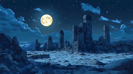 Wall Mural - Moonlit ruins, an ancient site bathed in soft lunar light, revealing weathered stones and mysterious shadows under a starry sky. Lunar Ruins. Illustration