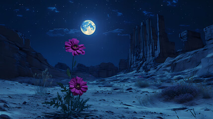 Poster - Serene desert night scene under full moon, featuring ancient ruins and a solitary blooming flower amidst sparse vegetation. Lunar Ruins. Illustration