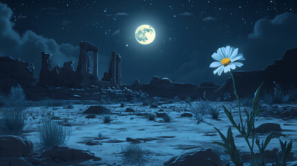 Poster - Serene desert night scene under full moon, featuring ancient ruins and a solitary blooming flower amidst sparse vegetation. Lunar Ruins. Illustration