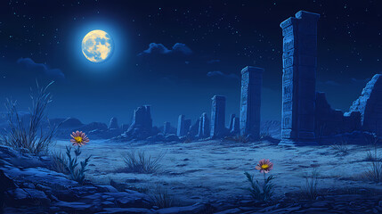 Poster - Serene desert night scene under full moon, featuring ancient ruins and a solitary blooming flower amidst sparse vegetation. Lunar Ruins. Illustration