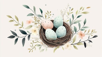 Wall Mural -  A bird's nest brimming with eggs set among a backdrop of vibrant green leaves and blossoming flowers on an expanse of pristine white The