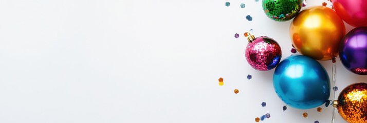 Poster - Celebrate with colorful balloons and shimmering tinsel for an unforgettable festive occasion in a minimalist space. Generative AI