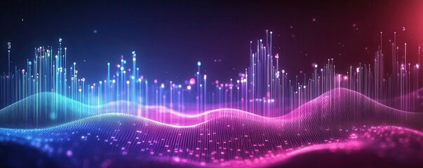 Abstract digital waveform in vibrant pink and blue tones with particle effects