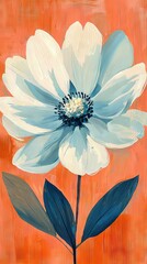 Wall Mural -   A blue and white bloom on an orange canvas with a blue core and two green foliage at its base