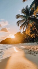 Wall Mural - Sunset on a tropical beach with palm trees and golden sand