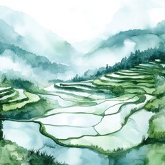 Aufkleber - Experience the tranquility of painted rice terraces reflecting flooded waters in serene mountains. Generative AI