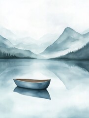 Aufkleber - Serene watercolor illustration of a rowboat floating on a tranquil mountain lake under a blank sky for text. Generative AI
