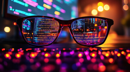 Eyeglasses reflecting programming code on monitor in blurred office at night