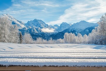 Poster - Snow-covered wooden deck overlooks majestic mountain range in winter sunlight