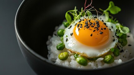 Poster -   A close-up of a plate with rice, fried egg, peas, and sprouts