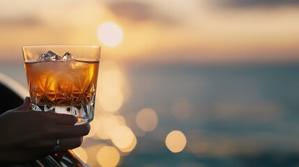 Wall Mural -   A close-up of a person holding a glass of alcohol with an ice cube on its rim