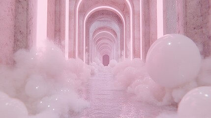 Wall Mural - Soft pink arches and ethereal clouds create a dreamy, surreal hallway.  A calming and beautiful scene.