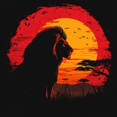 Poster - Bold pop art lion portrait against a vibrant savanna sunset with space for creative text. Generative AI