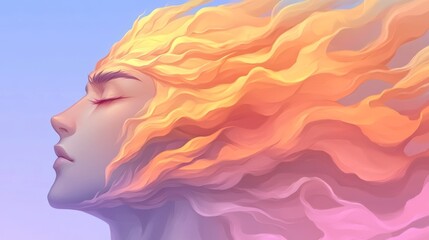 Canvas Print - Serene portrait of a young man, his face gently illuminated, surrounded by vibrant, flowing hair resembling warm sunset hues.