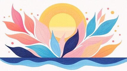 Poster - Sunset over the ocean, vibrant pastel floral design. Peaceful, calming, summer vibes.