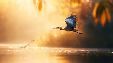 Wall Mural - a bird soaring above a body of water against a backdrop of trees and a sunlight beam in the foregrou
