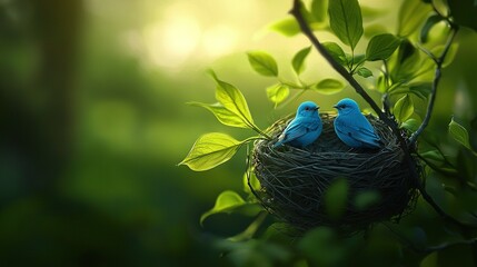 Wall Mural -   Blue birds perched on tree branch with green leaves, nest atop