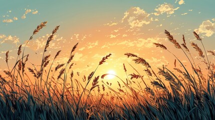 Wall Mural - Sunset Illuminating Tall Reeds in a Tranquil Field with a Clear Sky Filled with Gentle Clouds Creating a Picturesque and Serene Natural Landscape