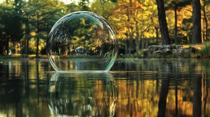 Wall Mural -   A glass ball sits atop a body of water before a dense forest filled with numerous trees