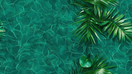 Wall Mural -   A lush green wallpaper featuring tropical palm leaves at the base of the wall