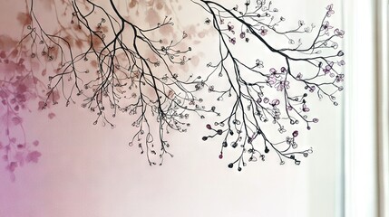 Poster -   A tree's branch with purple flowers dangles in front of a pink and white wall