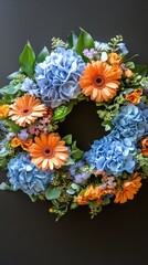 Wall Mural - Colorful floral wreath featuring blue and orange flowers displayed in a shop