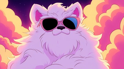 Canvas Print - Cool pup enjoying a vibrant sunset.  Fluffy white fur and pink sunglasses.