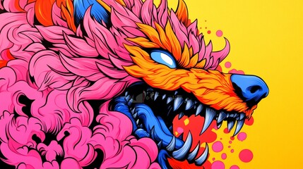 Sticker - Vibrant digital art of a stylized wolf, its fur rendered in bold pink and orange hues against a yellow background.  A fierce expression and sharp teeth.