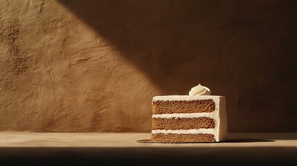 Wall Mural -   A cake on a table with a wall in the background and a person casting a shadow