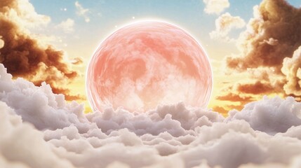 Wall Mural - Pink moon rising above fluffy clouds, a dreamy, ethereal scene with soft pastel colors. Magical celestial landscape.