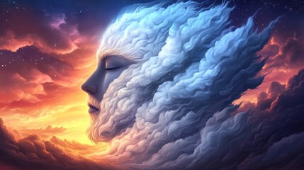 Wall Mural - Serene face emerges from swirling clouds, bathed in sunset's warm glow. A dreamy, ethereal artwork.