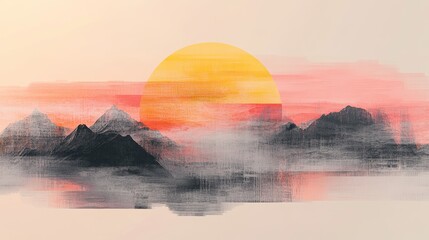 Wall Mural - Serene sunset over a misty mountain range.  Warm colors and soft textures create a peaceful mood.