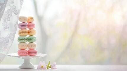 Wall Mural -   A plate of macaroons on a window with a curtain behind it