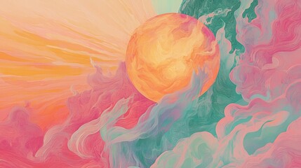 Wall Mural - Abstract artwork depicting a celestial scene with swirling pastel clouds and a radiant sun.