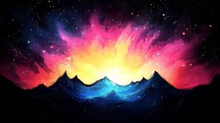 Poster - Vibrant sunset over a majestic mountain range, painted in bold strokes of pink, yellow, and blue. A cosmic spectacle!