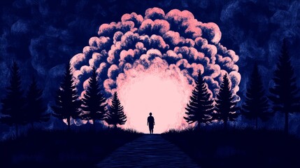 Wall Mural - Silhouette of a person walking towards a pink and blue sky, surrounded by dark trees.