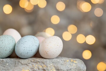 Group of eggs with different colors and patterns are arranged on a rock