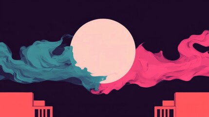 Sticker - Abstract art featuring teal and pink smoke swirling around a large pale circle against a dark background, with simple red building silhouettes below.