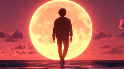 Wall Mural - Silhouette of a young Black man walking towards a large, vibrant orange moon during a dramatic sunset.