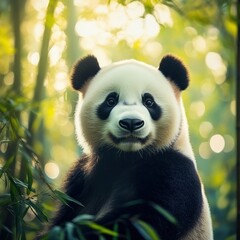 Fototapete - Panda portrait in bamboo forest with natural light, serene atmosphere for calm reflections and creative inspiration. Generative AI