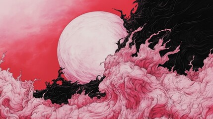 Sticker - Abstract art depicting a celestial scene with swirling pink and black clouds against a red backdrop, featuring a large white orb.