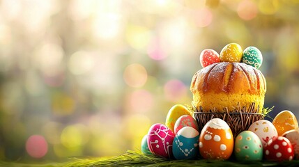 Wall Mural -   Basket full of vibrant eggs resting on lush green grass in sunlit field