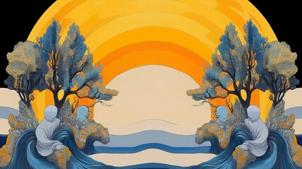 Wall Mural - Serene figures meditate amidst stylized trees and waves under a vibrant sunset. A calming piece of art.