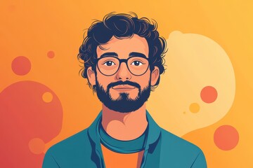 Wall Mural - Colorful Stylized Illustration Portrait of a Bearded Man Wearing Glasses Against a Bright Abstract Background with Geometric Patterns