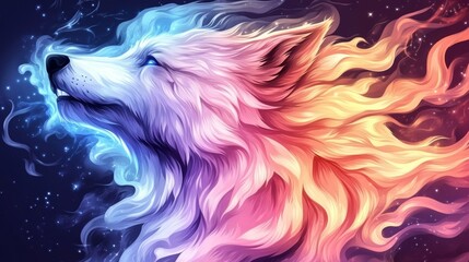 Poster - Vibrant wolf artwork, bursting with color and energy. A majestic creature bathed in a cosmic glow.