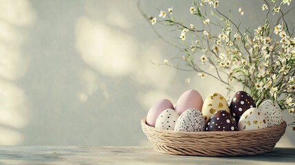 Wall Mural -   A basket brimming with eggs rests atop a table near a vase containing white and brown eggs