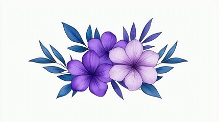 Wall Mural - Watercolor Painting of Purple Flowers and Blue Leaves