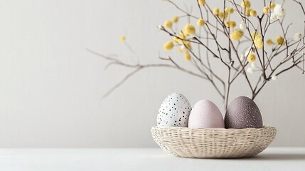  Three painted eggs in a basket with a twig and a twig branch background