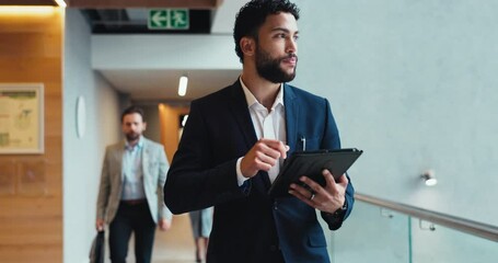 Poster - Businessman, walking and banker in office with tablet, economy update and investment banking career. Ideas, thinking or professional investor reading news online for research in financial company