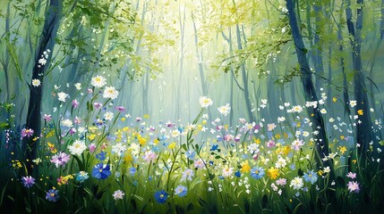 Wall Mural -   A vibrant forest painting, brimming with colorful wildflowers and towering trees bathed in golden sunlight